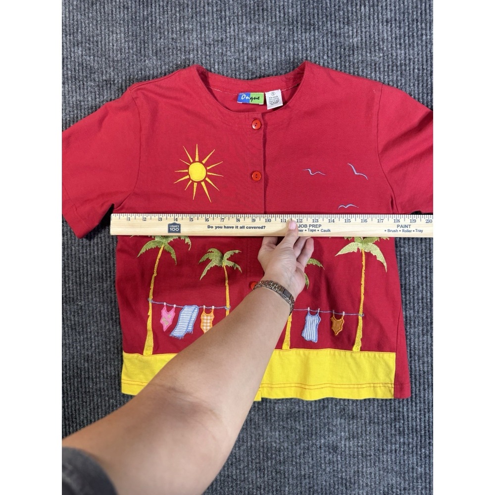 Onque Women's Embroidered Beach Button Front Blouse Red Yellow Short Sleeve S - Picture 11 of 11